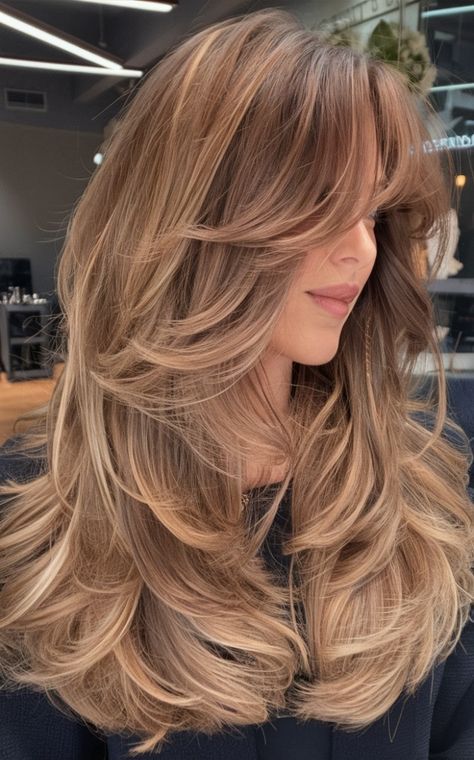 A Bunch Of Layers Hair, Blonde Hair Butterfly Cut, Butterfly Haircut With Bangs Medium Hair, Long Butterfly Haircut Straight Hair, 70s Butterfly Haircut, Balayage Butterfly Cut, Brown Medium Length Hair With Layers, Butterfly Cut Straight Hair, Haircuts To Get