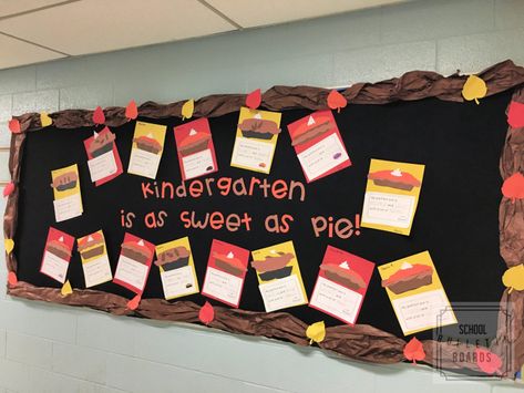 Sweet as Pie Bulletin Board - A super easy bulletin board to showcase student writing!  Set it up in minutes. It's as easy as pie!        From the creator:    "The black background is black fabric from Walmart - bulletin board GAME CHANGER!    The pie writing activity … Sweet As Pie Bulletin Board, Pie Bulletin Board Ideas, Pumpkin Pie Bulletin Board, Bulletin Board Diy, Easy Bulletin Boards, November Bulletin Boards, Fall Classroom Ideas, Thanksgiving Bulletin Boards, Diy Bulletin Board