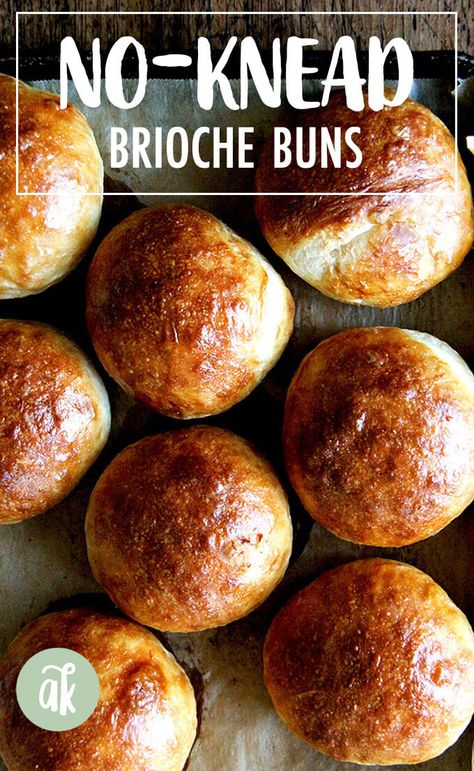 These are the best and easiest brioche buns you will ever make — the no-knead dough seriously comes together in 10 minutes (or less!), and the buns can be ready to shape in 2-3 hours. You also can let the dough rise overnight in the fridge, if that timing works out better for you. Look no further — these brioche buns are it! #buns #bread #brioche #memorialday #julyfourth Brioche Rolls, Brioche Recipe, Yeast Breads, Breads & Buns, No Knead Bread, Kitchen Recipe, Bread Bun, Brioche Buns, No Knead