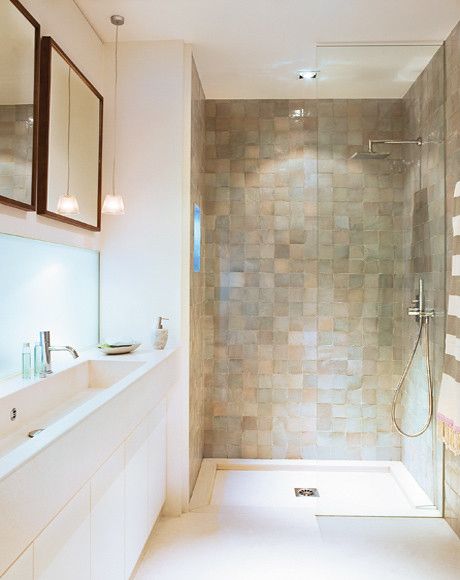 Pearl Bathroom, Bathroom Tiles Combination, Bathtub Shower Combo, Master Bath Renovation, Pearl Tile, Wooden Mirror Frame, Bath Tiles, Bathroom Shower Tile, Tiny Bathrooms