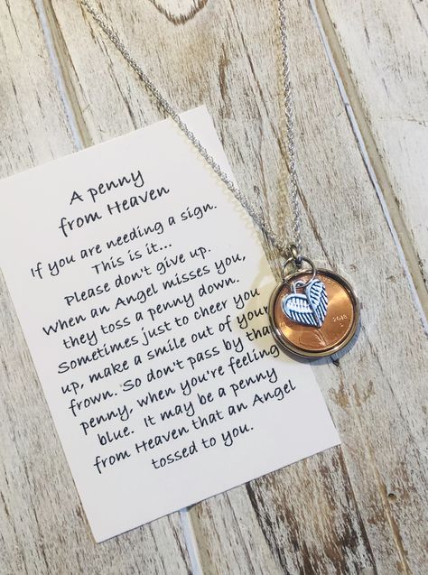 This sweet pennies from Heaven necklace is a perfect reminder that our loved ones send us signs from Heaven.... keep your pennies and journal about how you felt the day you found them. I also can personalize the poem card with any name or names instead of it saying Angel.... find me on Etsy @ https://etsy.me/2SbkchB Penny From Heaven, Penny Crafts, Horn Necklace Boho, Seed Cards, Memory Jewelry, Penny Jewelry, Heaven Poems, Faith Crafts, Penny Necklace