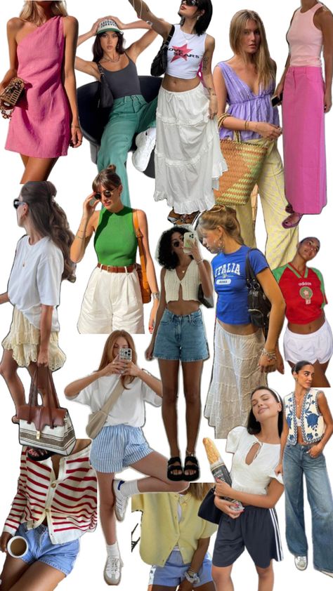 Summer colorful outfit ideas France In Summer Outfits, Gen Z Aesthetic Outfit, Cool Summer Outfits Palette, Summer Palette Outfits, Summer Outfit Collage, Summer Color Palette Outfits, Casual Festival Outfit, Lake Outfit Summer, Colorful Outfit Ideas