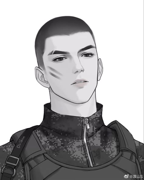 Anime Men With Facial Hair, Buzzcut Anime Guy, Bald Anime Guy, How To Draw Buzzcut, Bald Man Drawing, Anime Undercut, Bald Character Design, Undercut Art, Bald Boy