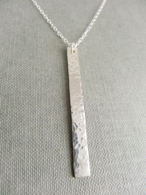 Hammered Sterling Silver bar necklace.  I would wear a big chunky one like this https://www.stitchfix.com/referral/5327082 Hammered Silver Jewelry, Silver Necklace Simple, Pendant Minimalist, Silver Bar Necklace, Hammered Sterling Silver, Silver Bar, Bar Pendant, Silver Jewelry Handmade, Silver Bars