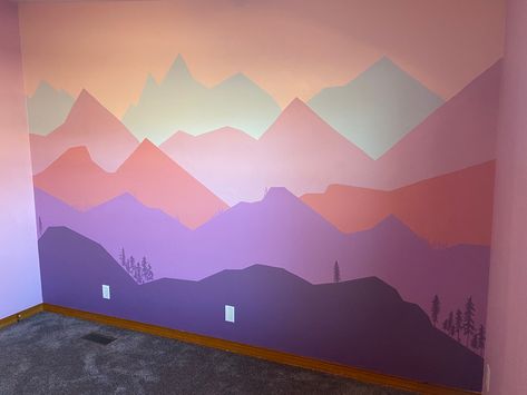 Corner Accent Wall Nursery, Purple Mountain Nursery, Mountain Murals On Wall, Pink Mountain Mural, Colorful Mountain Mural, Girl Mountain Nursery, Mountain Mural Bedroom, Sunset Wall Mural, Mountain Mural Kids Room