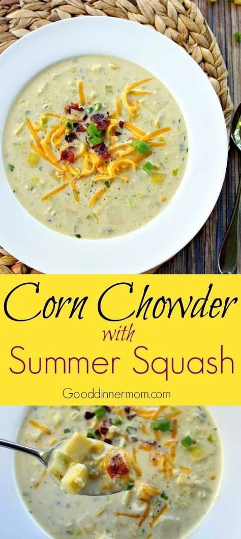 Deeply flavored Corn Chowder with Summer Squash uses whole corn kernels and pureed corn with fresh herbs and perfect toppings of crisp bacon and cheddar. #soup #recipes #chowder #vegetarian #corn Pureed Corn, Roasted Summer Squash, Soups Stews Chilis, Summer Foods, Fall Foods, Cheap Healthy Meals, Sauteed Veggies, Soup And Stew, Corn Chowder