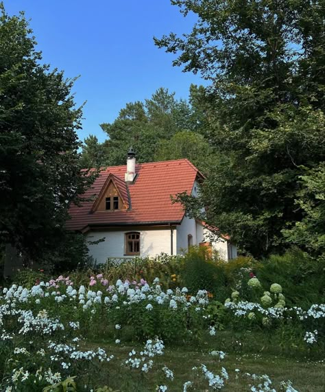 #cottagecore #flowerfields Cottage On A Hill Aesthetic, Nature Cottage, 1800s Cottage, Cottage Core House, Countryside Cottage, Cottage Aesthetic, Cute Cottage, Cottage In The Woods, Countryside House