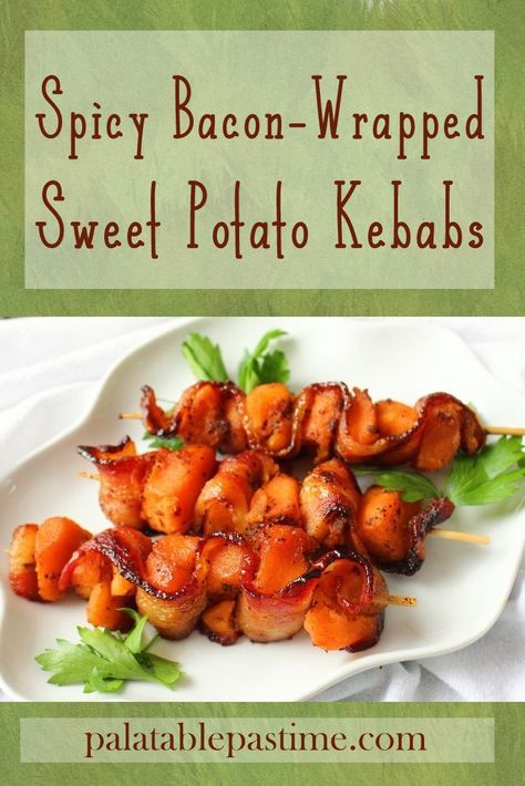 Spicy Bacon-Wrapped Sweet Potato Kebabs are threaded onto skewers and roasted with a sweet and spicy seasoning. Sweet Potato And Bacon Skewers, Bacon Skewers, Crabmeat Stuffing, Crab Puffs, Potatoes And Bacon, Spicy Bacon, Bacon Chili, Savoury Crackers, Holiday Party Appetizers