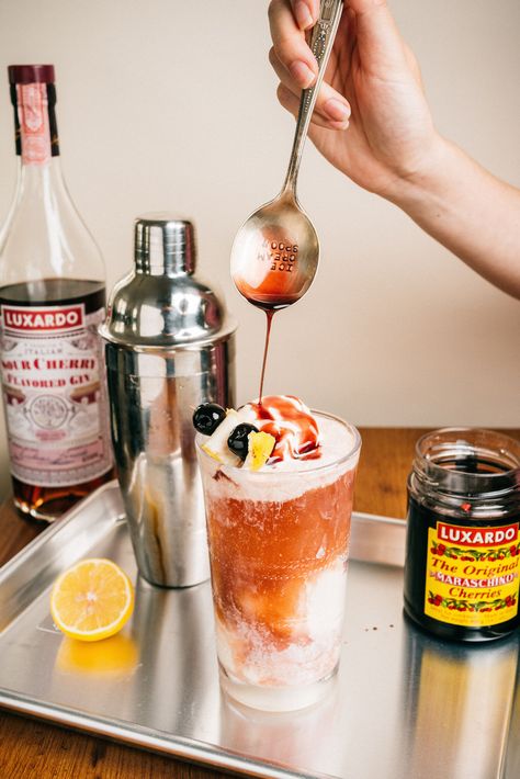 Luxardo Sour Cherry Gin Float  — savoreachbite Luxardo Cherries, Cherry Cocktails, Cherry Drink, Lunch Smoothie, Cherry Cocktail, Cherry Recipes, Sour Cherry, Gin Cocktails, Drinks Alcohol Recipes