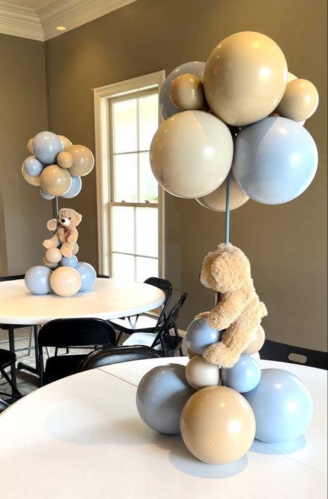 Dusty blue colored balloons baby boy nursery color, shower decorations Babyboy Baby Shower Decorations, Baby Shower Baloon Idea, Brown And Blue Teddy Bear Baby Shower Theme, Bear And Balloons Decoration, Teddy Bear Centerpieces With Balloons, Baby Boy Balloons Decoration, Babyshower Ideas Baby Boy, Babyshower Teddy Bear Boy, Bear With Balloons Centerpiece