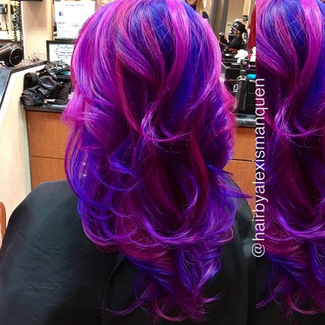 Pink and purple hair using Kenra Lightener, Pravana Vivids and Olaplex Hot Pink Purple Hair, Purple Hair With Pink Highlights, Pink Blue And Purple Hair, Blue Purple Pink Hair, Pink Purple And Blue Hair, Pink And Purple Hair Ideas, Pink And Purple Highlights, Pink Purple Blue Hair, Purple And Pink Hair