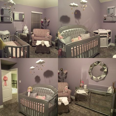 Our whimsical nursery with mirrored furniture, unicorns and mermaids. Dusty rose, purple and silver. In love! #harperolivia #whimsicalnursery Room I Deas, White Crib Nursery, Unisex Nursery Themes, Nursery Ideas Girl Pink, Modern Gender Neutral Nursery, Gray Nursery Girl, Unisex Nursery Colors, Girl Nursery Colors, Jordan Rose