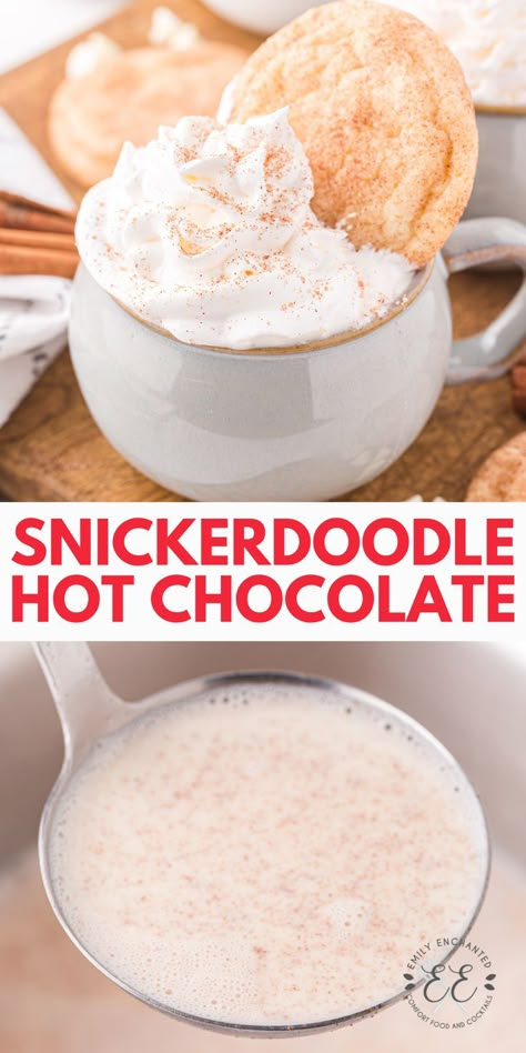 Snickerdoodle Hot Chocolate tastes just like your favorite Christmas cookie! White sugar, white chocolate chips and cinnamon take your hot cocoa to the next level. Boozy White Hot Chocolate, Snickerdoodle Hot Chocolate Starbucks, Fun Hot Chocolate Recipes, Winter Wonderland White Hot Chocolate, Hot Cocoa Mug Gift Ideas, Flavored Hot Chocolate Recipes, Hot Chocolate Crockpot Recipe, Hot White Chocolate Recipe, Snickerdoodle Hot Chocolate Recipe