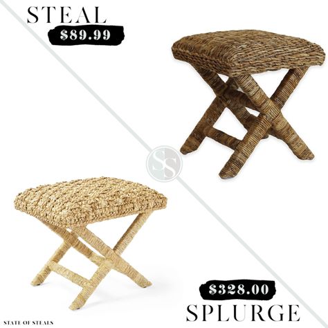 Woven X Bench Look for Less - State of Steals | Inspired by Serena & Lily Costa X Base Stool | Rattan/Wicker Stool for Coastal Living Room Decor Ikea Rattan Stool, Bamboo Stools Target, Seagrass Ottoman, Storage Stool Rattan, Serena And Lily Seaview Rug, Coastal Living Room Decor, Wicker Stool, Coastal Sofa, Inspiration Deco