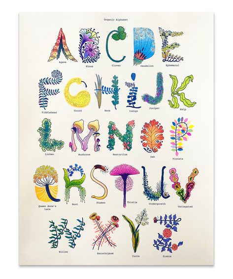 'Organic Alphabet' is an 11x14 Risograph Print celebrating the precious biodiversity found in our natural world with an illustrative alphabet. Great for a young child or fellow plant lover! This print uses eco-friendly soy-based riso inks and was masterfully printed by Risolve Studio based in PA, USA.  This is a limited-edition print series of 50.  Domestic Shipping is FREE Illustration Alphabet, Illustrated Alphabet, Alphabet A, Risograph Print, Travel Brand, Alphabet Art, L Alphabet, Alphabet Illustration, Doodle Drawings