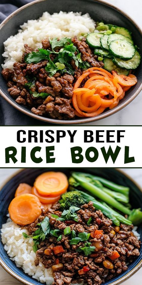 Craving a quick, flavorful dinner? This Crispy Beef Rice Bowl is packed with bold flavors, tender beef, and perfectly cooked rice 🍛. Ready in just 30 minutes, it’s the ideal weeknight meal! 🍴 #CrispyBeef #RiceBowlLove #QuickDinnerIdeas #FlavorfulMeals Healthy Teriyaki Beef Bowl, Teriyaki Steak Rice Bowl, Beef And Rice Bowl Recipes, Beef Protein Bowl, Beef Pepper Rice Bowl, Beef Bowls Recipe, Steak Bowls With Rice, Steak Rice Bowl Recipes, Beef And Pepper Rice Bowl