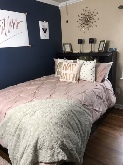 Rose Gold & Navy Blue Room ✨ Navy Blue And Rose Gold Bedroom, Navy Blush Bedroom, Navy And Rose Gold Bedroom, Navy Blush Gold Bedroom, Girls Navy Blue Bedroom Ideas, Pink Navy And Grey Bedroom, Blue And Rose Gold Bedroom, Navy Pink And Gold Bedroom, Navy Blue Girls Bedroom