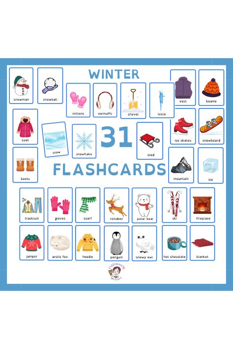 Teach your children their first words to describe Winter's activities with these printable 31 flashcards! Winter Flashcards, English Flashcards, First Words, Words To Describe, Winter Activities