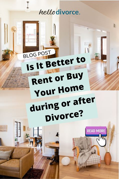 After the divorce, where will you live? This is one of the (many) important decisions you'll need to make in your divorce process. If you plan to move out of the marital home, you could choose to rent or buy a home. In this article, we outline the pros and cons of renting versus buying a home after divorce. https://hellodivorce.com/marital-home/rent-or-buy-your-home-during-and-after-divorce Moving Out After Divorce, Divorce Planning, Refinancing Home, Divorce Finances, Post Divorce, Divorce Process, Exit Strategy, 1st Apartment, Buying A Home