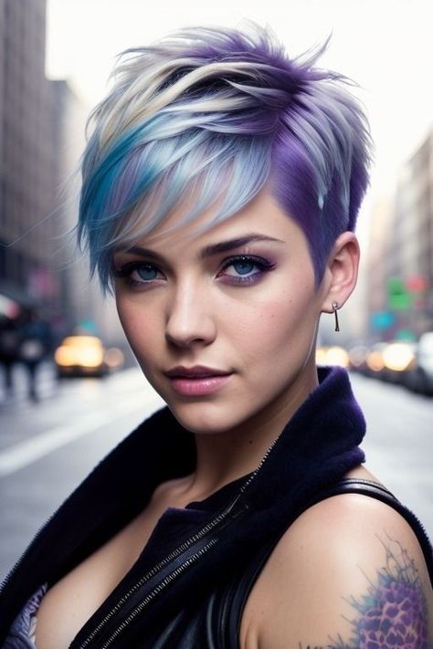 Short Hair Colour Ideas 2024, Short Colourful Hair, Blue Pixie Cut, Pixie Undercut Hair, Pastel Pixie Hair, Pixie Hair Cuts, Purple Pixie Cut, Short Rainbow Hair, Face Shape Hair