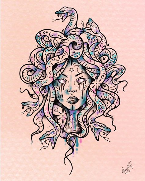 ꧁•⊹٭𝑴𝒆𝒓𝒎𝒂𝒊𝒅 𝑰𝒏𝒄 𝑻𝒂𝒕𝒕𝒐𝒐٭⊹•꧂ | 🖤💜💙🩵 Medusa artwork for Sarah 🩵💙💜🖤 #medusa | Instagram Watercolor Medusa Tattoo, Alternative Medusa Tattoo, Medusa Art Illustration, Medusa Portrait Tattoo, Pretty Medusa Tattoo, Medusa Wallpaper, Tattoo Medusa, Medusa Artwork, Medusa Drawing