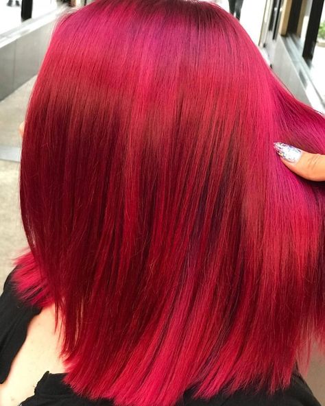 @kittylahairstylist Red Pinkish Hair, Gradient Red Hair, Red Hair Vibrant, Bright Red Pink Hair, Bright Red Hair Dye, Bright Red Hair With Bangs, Alternative Fashion Outfits, Semi Permanent Hair Dye, Spiky Hair