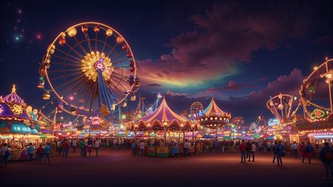 Night Extravaganza: A Mesmerizing Carnival Experience, on ArtStation at https://www.artstation.com/artwork/04DvOE Carnival Background Aesthetic, Theme Park At Night, Carnival Landscape, Penacony Aesthetic, Carnival Aesthetic Night, Fair Paintings, Fair Background, Carnival Artwork, Carnival At Night