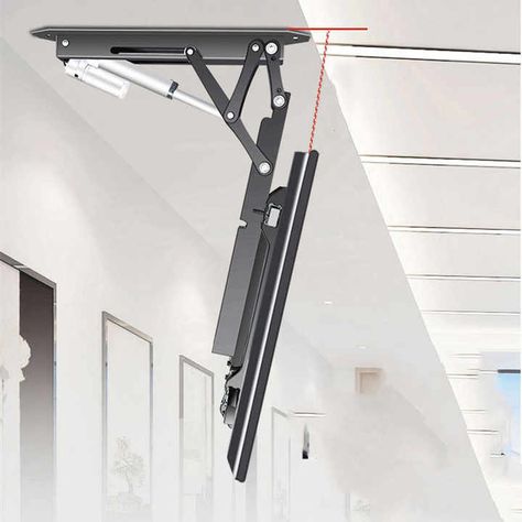 Tv Hanging On Wall Ideas, Tv Hanging From Ceiling, Ceiling Mount Tv, Hidden Tv Bedroom, Ceiling Mounted Tv, Outdoor Tv Stand, Tv Bedroom, Tv Ceiling Mount, Full Motion Tv Wall Mount