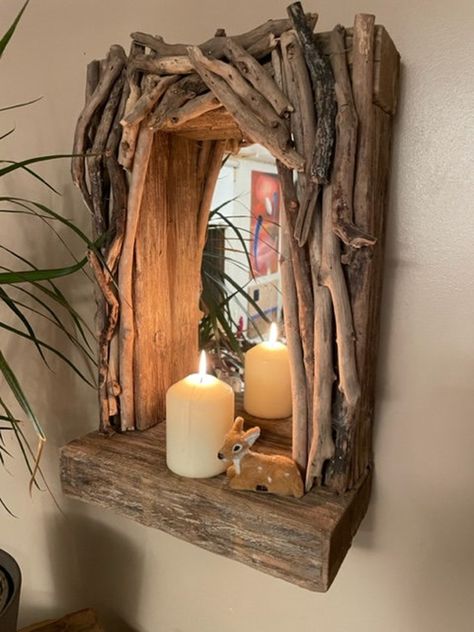 Irish Driftwood Candle Shelf Mirror - Etsy Driftwood Candle, Candle Shelf, Driftwood Mirror, Driftwood Diy, Driftwood Art Diy, Driftwood Ideas, Driftwood Projects, Driftwood Decor, Driftwood Crafts