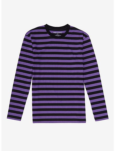 Purple & Black Stripe Long-Sleeve T-Shirt, STRIPE - PURPLE Black Striped Shirt, All Black Dresses, T Shirt Image, Plus Size Fits, Purple Shirt, Striped Long Sleeve Shirt, Simple Shirts, Purple Black, Striped Long Sleeve