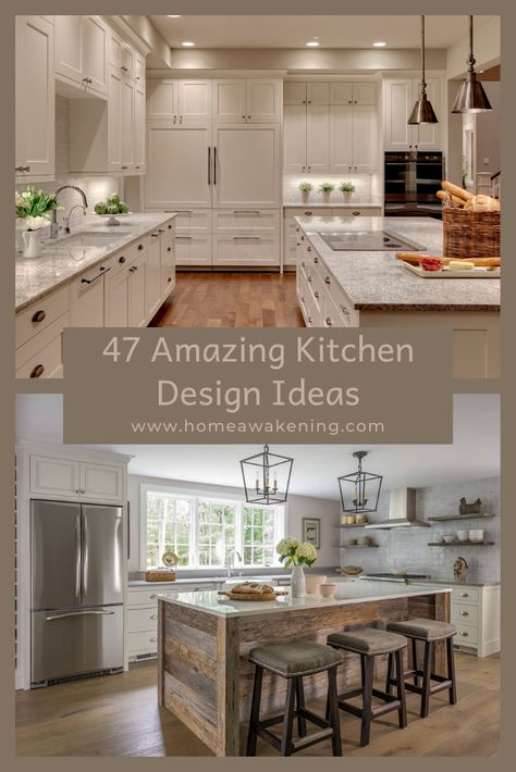 47 amazing kitchen design ideas (photo gallery) #kitchen #decor Large Farmhouse Kitchen Layout, Large Kitchen Design Ideas, Farmhouse Kitchen Layouts With Island, Farmhouse Kitchen Islands Ideas, Kitchens With Islands Layout Design, Kitchen Island Layout Ideas, Island Kitchen Ideas Farmhouse, Kitchen Arrangement Ideas Layout, Modern Open Kitchen Design Ideas