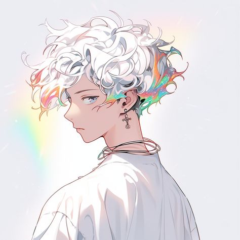 White And Rainbow Hair, Rainbow Hair Character Art, Light Blue Haired Anime Guy, Curly Hair Men Anime, Anime Rainbow Hair, Boy With White Hair Art, Rainbow Hair Character, Rainbow Hair Drawing, White Hair Boy Art