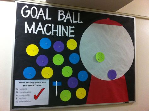 Goal Ball Machine. Residents write a goal on a ball and place it in the machine. I used tacks for the balls so I can easily remove any inappropriate ones. Bulletin boards, Resident Advisor, Resident Assistant, ResLife, Residence Life Leasing Goal Board, Goal Setting Board, Goals Bulletin Board, Ra Programming, Resident Assistant Bulletin Boards, Office Bulletin Boards, College Bulletin Boards, Work Bulletin Boards, Interactive Bulletin Boards