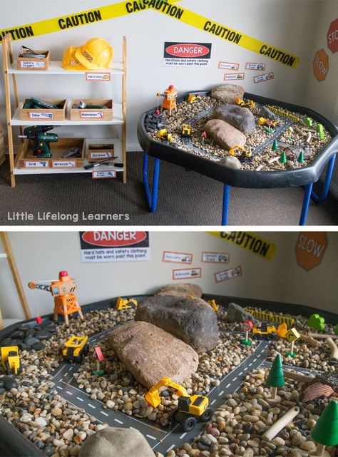 Set up a construction site in your dramatic play and imaginative play space | construction site party | construction site dramatic play printables | Imaginative play ideas for toddlers, preschoolers and kindergarten children | Posters, signs, labels and p Construction Dramatic Play, Childcare Rooms, Set Construction, Role Play Areas, Construction Play, Early Years Classroom, Preschool Rooms, Dramatic Play Area, Dramatic Play Preschool