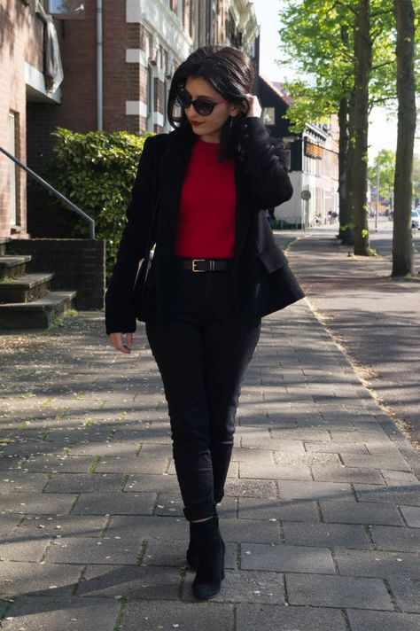 Red knitwear top with pearls, black blazer, black trousers, suede ankle boots, striped bag Striped Bags, Colorful Bouquet, Black Trousers, Black Blazer, Suede Ankle Boots, Knitwear Tops, Leather Pants, Coats Jackets, Zara