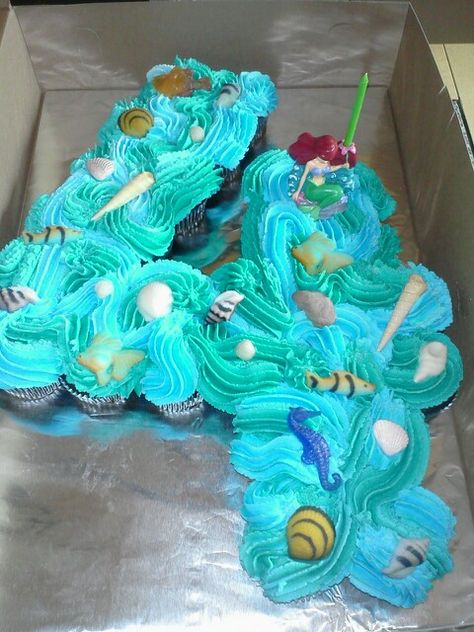 Little mermaid birthday Ariel Pull Apart Cupcake Cake, Number 4 Mermaid Cake, Ocean Pull Apart Cupcakes, Ariel Cupcake Cake, Ocean Cupcake Cake, Number 4 Cupcake Cake, Ideas Para Decorar Una Fiesta, Sea Cupcakes, Ariel Cake