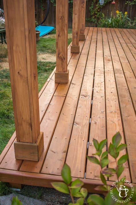 Ever thought about turning your concrete slab into a covered deck? It's definitely doable! Here are some thoughts, tips, & photos from our experience! Concrete Slab Patio, Deck Over Concrete, Concrete Deck, Porch Remodel, Patio Deck Designs, Wooden Deck, Porch Makeover, Deck Designs Backyard, Covered Deck