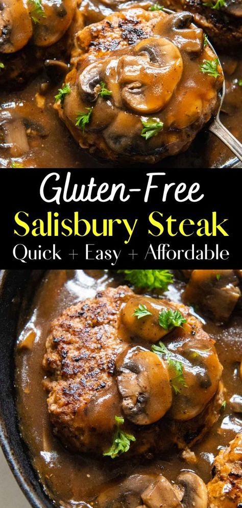 Gluten-Free Salisbury Steak (Old School Taste!) Gluten Free Salisbury Steak Recipe Easy, Gluten Free Hamburger Steak With Gravy, Salisbury Steak Recipe Gluten Free, Dairy Free Salisbury Steak, Gluten Free Recipes With Hamburger Meat, Gf Salisbury Steak, Beef Recipes Gluten Free Dairy Free, Gluten Free Recipes Hamburger Meat, Salisbury Steak Gluten Free