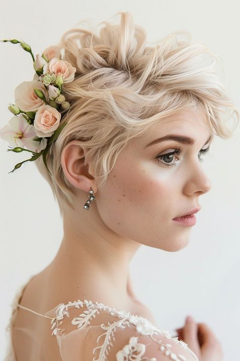 Short hair can be chic and striking on your wedding day, offering a unique charm. Discover the best short hairstyles for brides here. Fantasy Hairstyles Short, Whimsical Wedding Hair, Curled Pixie Cut, Blonde Bridal Hair, Curled Pixie, Wavy Pixie Cut, Classic Wedding Hair, Short Hair Bride, Wavy Pixie