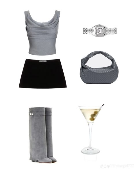 Givenchy Boots Outfit, Silver Skirt Outfit, Grey Mini Skirt Outfit, Mini Skirt With Boots, Mixed Outfits, Shop Cider, Bottega Bag, Givenchy Boots, Digital Wardrobe