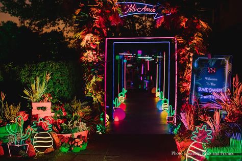 Neon Garden Party, Neon Signs Party, Neon Lights Decoration, Neon Sangeet Decor, Havana Nights Decorations, Neon Wedding Decor, Wedding Decor With Lights, Neon Event Decor, Festival Ideas Decoration