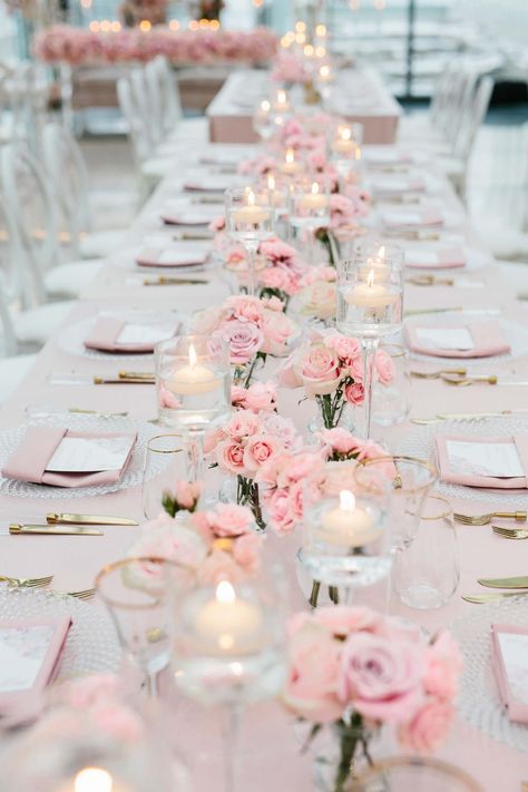 Brunch Ideas Engagement Party, Pink Bridal Shower Ideas Brunch, White Table With Pink Runner, Tea Party Bridal Shower Flowers, Bridal Shower Decorations Spring, Brunch Bridal Shower Centerpieces, Pink Flower Centerpieces Long Table, Romance Themed Wedding, Bridal Shower Brunch Tablescape