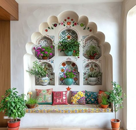 Talavera House Decor, Mexican Shelf Decor, Aesthetic Plant Shop, Spanish Home Decor Mexican Style, Mexican House Aesthetic, Decorating A Niche In A Wall, Modern Mexican Living Room, Wall Niche Decor, Mexican Farmhouse Decor