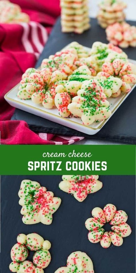 Easy to make and fun to eat, these cream cheese spritz cookies are a Christmas classic that are a fantastic addition to any cookie platter. Get the fun recipe on RachelCooks.com! Spritz Cookies With Cream Cheese, Wilton Spritz Cookie Recipe, Spritz Cookies Recipes Best, Holiday Spritz, Cream Cheese Spritz, Press Cookies, Cream Cheese Spritz Cookies, Cookie Press Recipes, Christmas Spritz Cookies