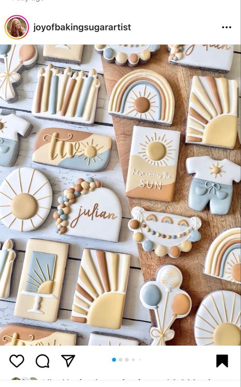 Here Comes The Son Cookies, Retro Cookies, Boho Cookies, Sunshine Cookies, Cookie Birthday Party, Frosted Cookies, Rainbow First Birthday, Sunshine Baby Showers, Rainbow Cookies