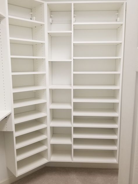 Here is a master closet I recently did for a couple. They had a 45 degree angled wall in the closet. I created His and Her shoe towers with a narrow 12” wide cubby in between (for folded shirts). Custom Closet Corner Ideas, Closet With Angled Wall, Angled Closet, Small Master Closet, Closet Redesign, Closet Organization Designs, Small Closet Design, Angled Wall, Diy Closet Shelves