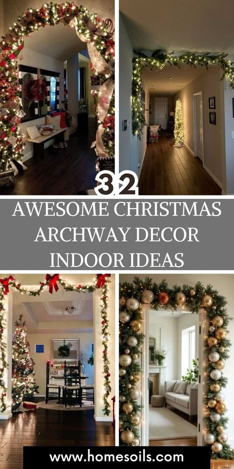 Elevate your holiday decor with 32 awesome indoor Christmas archway ideas. Explore festive greenery, twinkling lights, and charming ornaments to transform your spaces. Create magical entryways that exude holiday cheer and warmth. Christmas Decor For Doorways, Garland Over Doorway Door Frames, Garland On Archway Christmas, Garland Over Archway, Christmas Garland Hallway, Over The Door Christmas Decor, Entryway Garland Christmas, Christmas Decor For Archway, Arch Way Christmas Decorations