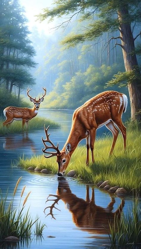 Deer In Forest Illustration, Painting Of Greenery, Drawing Forest Animals, Forest With Animals Drawing, Forest And Wildlife Drawing, Forest Drawing With Animals, Forest Animals Drawing, Deer Drinking Water, Realistic Watercolor Paintings