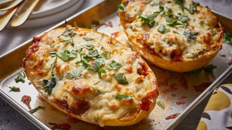 Spaghetti Squash Lasagna Boats Spaghetti Squash Lasagna Boats, Lasagna Boats, Gina Livy, Squash Recipes Healthy, Mary Makes It Easy, Easy Spaghetti Squash, Spaghetti Squash Recipes Healthy, Tomato Basil Salad, Kid Friendly Salad