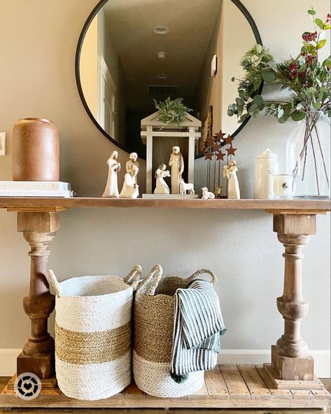 Traditional Console Table Decor, Christmas Decor Ideas Nativity, Nativity Home Decor, Target Holiday Decor, Nativity On Mantle, Nativity Ideas Decoration, Christmas Nativity Decor, Neutral Nativity Scene, Nativity Table Decor